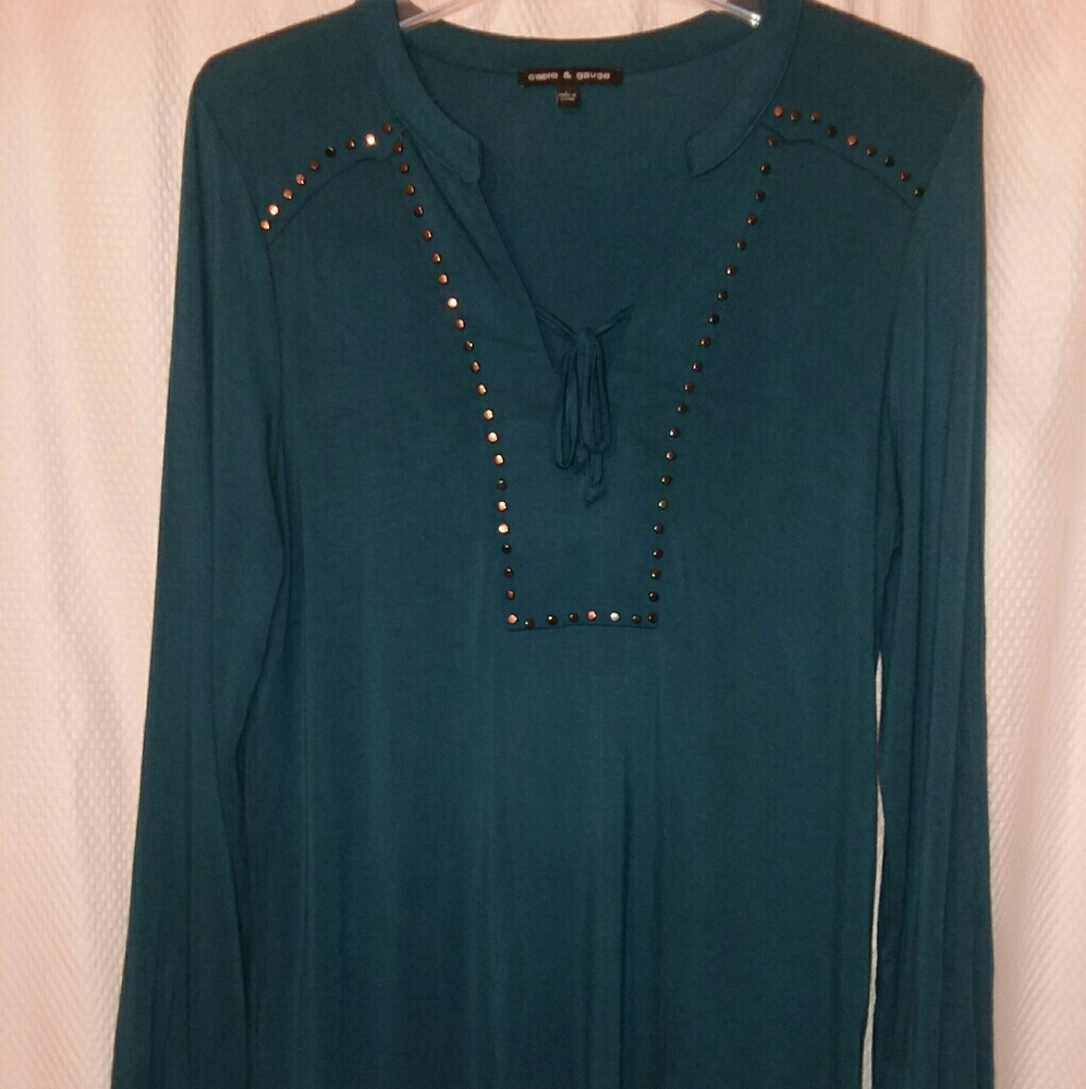 Teal jersey knit top with beaded/stuffed detail